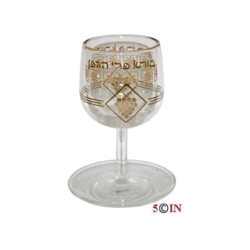 Double Sides Glass Kiddush Cup with Saucer H = 14 cm Hebrew text around (boray p'ri hagofen)-Creator of the Fruit of the Wine