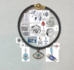 JUDAICA STERLING SILVER KABBALAH BRAIDED BLACK LEATHER CORD WITH SLIDER BEAD MEMENTOS BRACELET CHARMS NEW AGE GOOD LUCK AMULET SPIRITUAL PROTECTION CHARM BRACELET PENDANTS JEWISH ISRAELI JERUSALEM SYMBOLS: CHAI STAR OF DAVID EVIL EYE HOSHEN KOTEL WESTERN WALL TORAH ISRAELI FLAG AM ISRAEL CHAI MENORAH ANI L'DODI POMEGRANATE JERUSALEM YIN & YANG PEACE DOVE CROSS